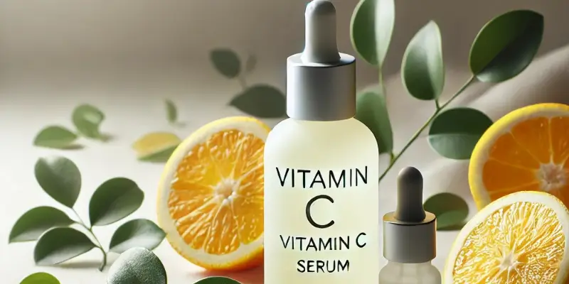 Frasco de sérum de vitamina C ao lado de extratos naturais como folhas e frutas cítricas, ideal para cuidados com a pele sensível, destacando a suavidade e eficácia do produto.