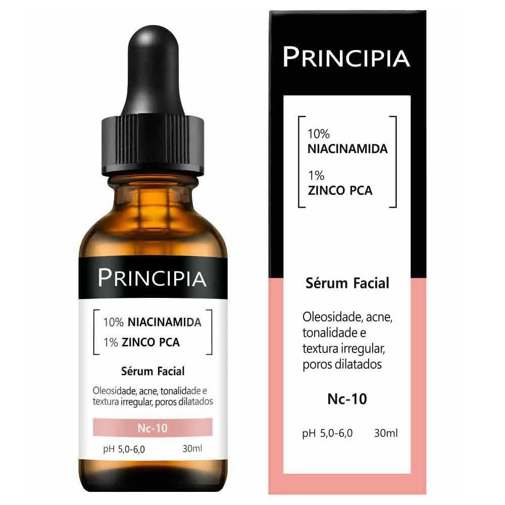 Sérum facial Principia com 10% de niacinamida e 1% de zinco PCA, indicado para controle de oleosidade, acne, tonalidade e textura irregular, com embalagem destacando os benefícios para a pele.